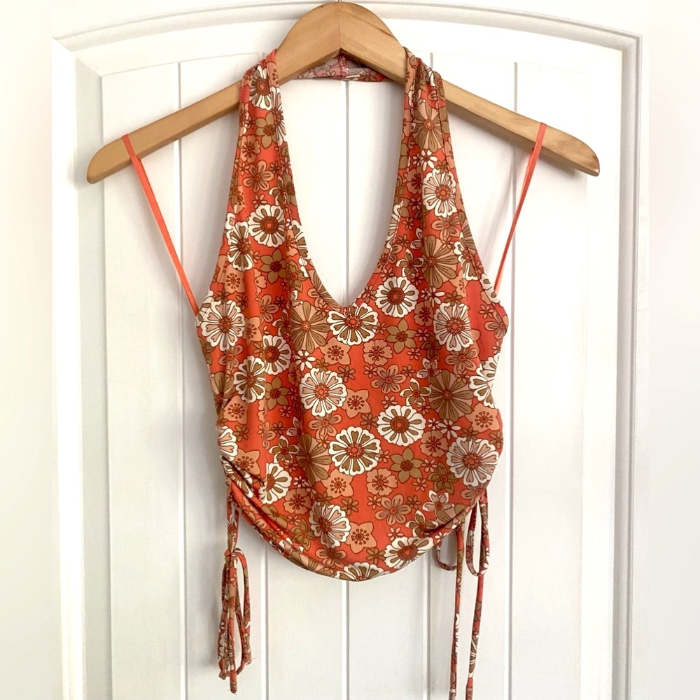 Mixed Threads LA Orange Brown Floral V Neck Halter Crop Top Side Cinch Medium